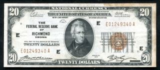 Fr.  1870 - E 1929 $20 Frbn Federal Reserve Bank Note Richmond,  Va Xf (d)