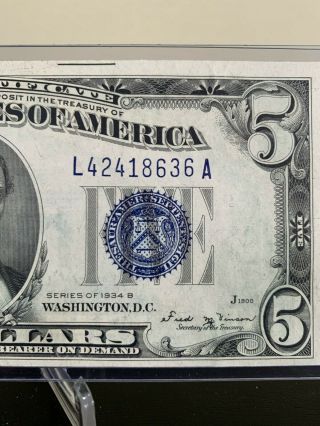 1934 - B $5 Five Dollars Blue Seal Silver Certificate Example L42418636a