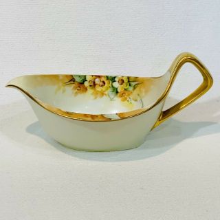 Rs Germany Porcelain Gravy Syrup Boat Hand Painted Antique Gold Yellow Flowers