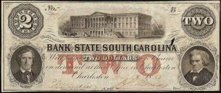 Large 1860 $2 Two Dollar South Carolina Bank Note Currency Paper Money Civil War