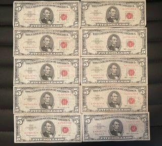 $50 Face Value,  1963 $5.  00 Red Seals Circulated - See Pictures Of Actual 10 Notes