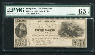 1840’s 50 Cents John H.  King Williamsport,  Md Obsolete Note Pmg Unc - 65epq (k)