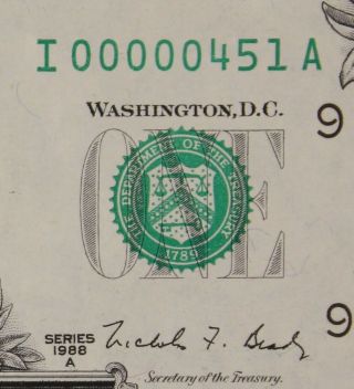 Low 3 Digit Serial,  $1 1988a Cu Frn,  I00000451a,  One Dollar,  Series A