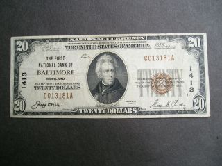 Series 1929 $20.  00 The First National Bank Of Baltimore Md