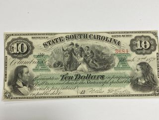 1872 Ten Dollar State Of South Carolina Large Broken Bank Note