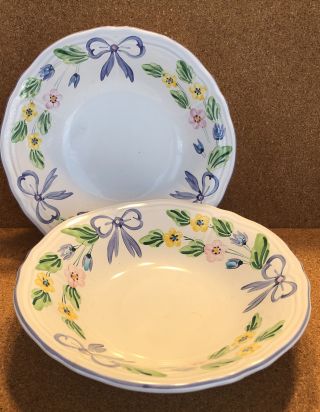 Pair 2 Herend Village Pottery Blue Bow Fruit Cereal Bowl 6 1/2 " Diameter