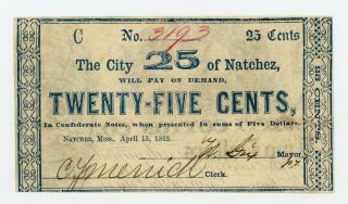 1863 25c The City Of Natchez,  Mississippi Note - Civil War Era