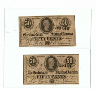 2 (consecutive) 1864 T - 72 50¢ Confederate States Of America Csa Notes -
