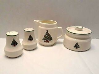 Vintage Christmas Tree Cream & Sugar S&p Shakers Completer Set Stoneware China