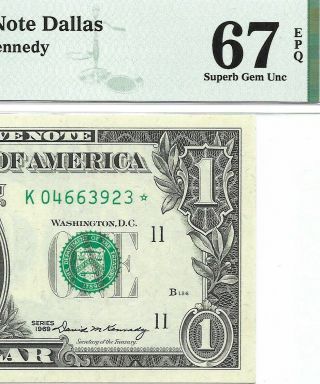 1969 $1 Dallas Star ⭐️ Frn,  Pmg Gem Uncirculated 67 Epq Banknote