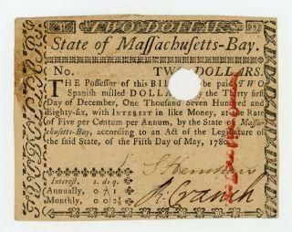 (ma - 279) May 5th,  1780 $2 Massachusetts Colonial Currency Note Unc