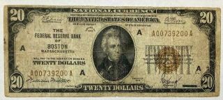 1929 Series $20 Brown Seal 39200a National Currency - Boston,  Massachusetts Note