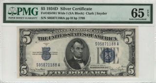 1934 D $5 Silver Certificate Fr.  1654wi Wide I Sa Block Pmg Gem Unc 65 Epq (188a)