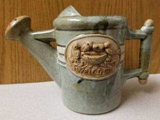 Vintage Ceramic Pottery Watering Can With Welcome And Nest W/4 Birds On Side Euc