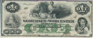 1862 $1 Somerset & Worcester Savings Bank Maryland Obsolete Note Uncirculated