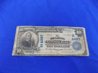 1902 Large $10 Ten Dollar Note Reading National Bank Pennsylvannia Currency