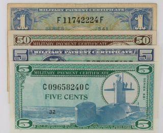 1954 - 1969 Us Military Payment Certificates 4 - Notes // Series 521 541 681 Usa Mpc