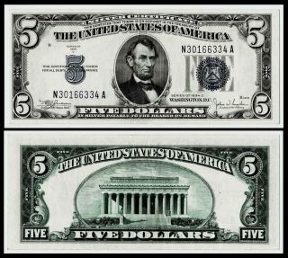 1934 - C $5 Dollar Silver Certificate Note Crisp Almost Uncirculated