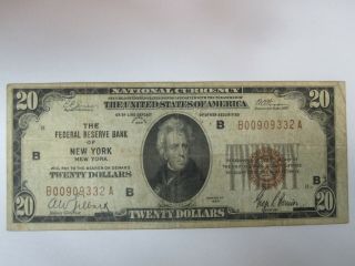 1929 $20 York,  Ny Federal Reserve Bank Note Brown Seal National Currency
