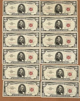 $60 Face Value,  1963 $5.  00 Red Seals Circulated - See Pictures Of Actual 12 Notes