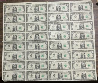 1985 Uncut Sheet 32 One Dollar Bills $1 U.  S.  Currency - Unusual Christmas Gift