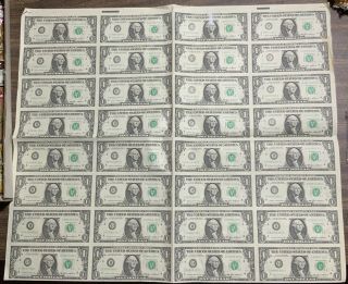 1985 Uncut Sheet 32 One Dollar Bills $1 - Unusual Christmas Gift