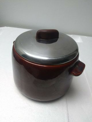 Vintage West Bend Brown Stoneware Bean Pot Stainless Lid And Handle 7 " X 6 3/4 "