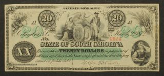 1872 South Carolina Revenue Bond Scrip $20.  00 Sc - 5 Criswell 7