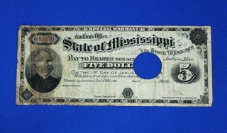 1894 $5 Dollar Bill State Of Mississippi Note Currency Old Paper Money Canceled
