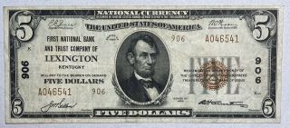 1929 $5 1st National Bank & Trust Lexington,  Kentucky Small Size National Ty 2