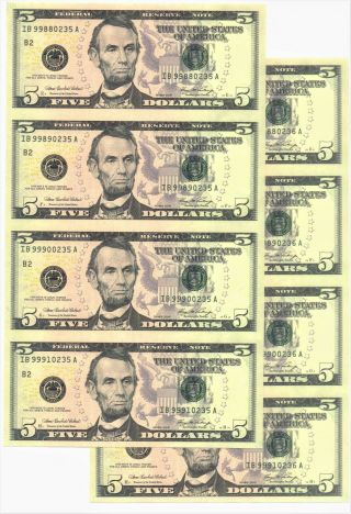 Consecutive Two Uncut Sheets 2006 $5 Bills Federal Reserve 8 Notes Bep Gem
