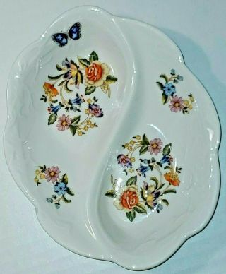 Aynsley Cottage Garden Divided Trinket Snack Dish Bowl 7.  5 " Butterfly Roses Lily