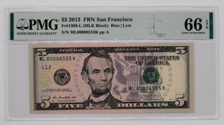 2013 Federal Reserve Note $5 San Francisco Fr 1996 - L Pmg 66 Gem Unc Epq (555k)