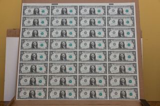 1981 D Series $1 One Dollar Bill Us Currency Sheet 32 Notes Uncut - Box