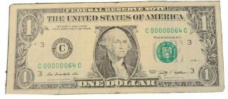 2009 $1 Fancy Serial Number Low 2 Digit 00000064 Old Us Paper Currency