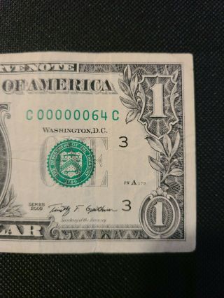 2009 $1 Fancy Serial Number LOW 2 Digit 00000064 Old US Paper Currency 3