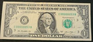 2013 $1 Fancy Serial Number Low 2 Digit 00000053 Old Us Paper Currency