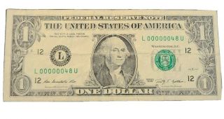 2009 $1 Fancy Serial Number Low 2 Digit 00000048 Old Us Paper Currency
