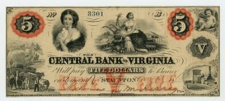 1860 $5 The Central Bank Of Virginia - Staunton,  Virginia Note