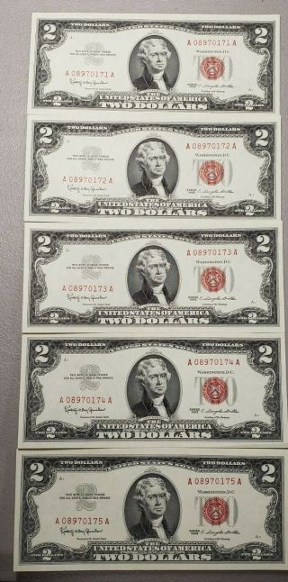 (5) - 1963 $2 Red Seal Two Dollar Bills Consecutive Crisp Uncirculated Aa Block