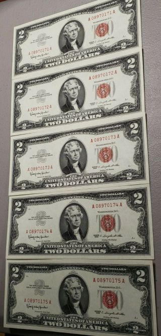 (5) - 1963 $2 Red Seal Two Dollar Bills CONSECUTIVE CRISP UNCIRCULATED AA BLOCK 2