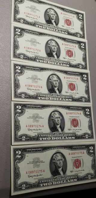 (5) - 1963 $2 Red Seal Two Dollar Bills CONSECUTIVE CRISP UNCIRCULATED AA BLOCK 3