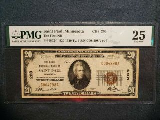 1929 $20 Fr 1802 - 1 First National Bank Of Saint Paul Minnesota,  Pmg 25 Very Fine