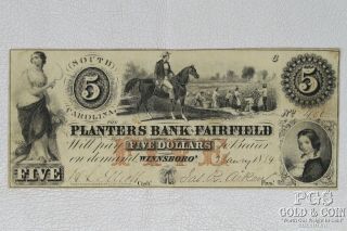 1854 $5 Planters Bank South Carolina Serial Number 400 Winnsboro Bank Note 20263