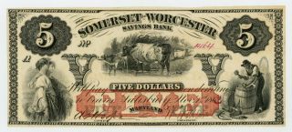 1863/2 $5 The Somerset And Worcester Savings Bank - Salisbury,  Maryland Note Au