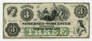 1862 $3 Somerset And Worcester Savings Bank - Maryland Note Civil War Era Au/unc