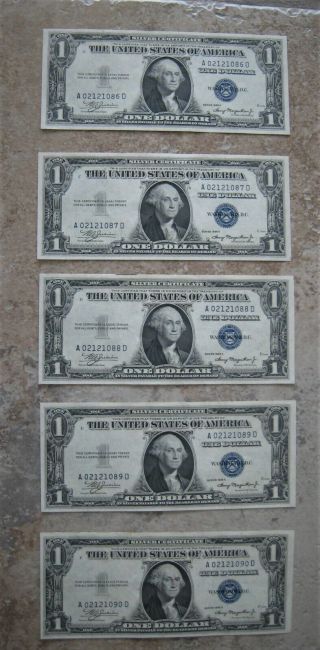 1935 A $1 Silver Certificate Blue Seal Notes Unc Cons Set Of 5 Ship