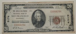 United States 1929 $20.  00 Anglo California Bank San Francisco National Currency