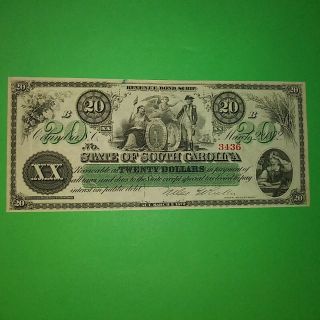 1872 State Of South Carolina 20 Dollar Revenue Note Unc