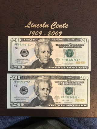 2 Consecutive 20 Dollar Bill Star Notes.  Crisp From Us 2017a